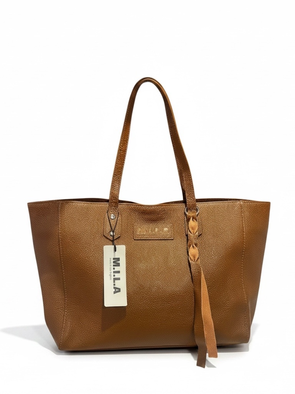 M.I.L.A Tan Leather Tote with Braided Tassel Accent NWT